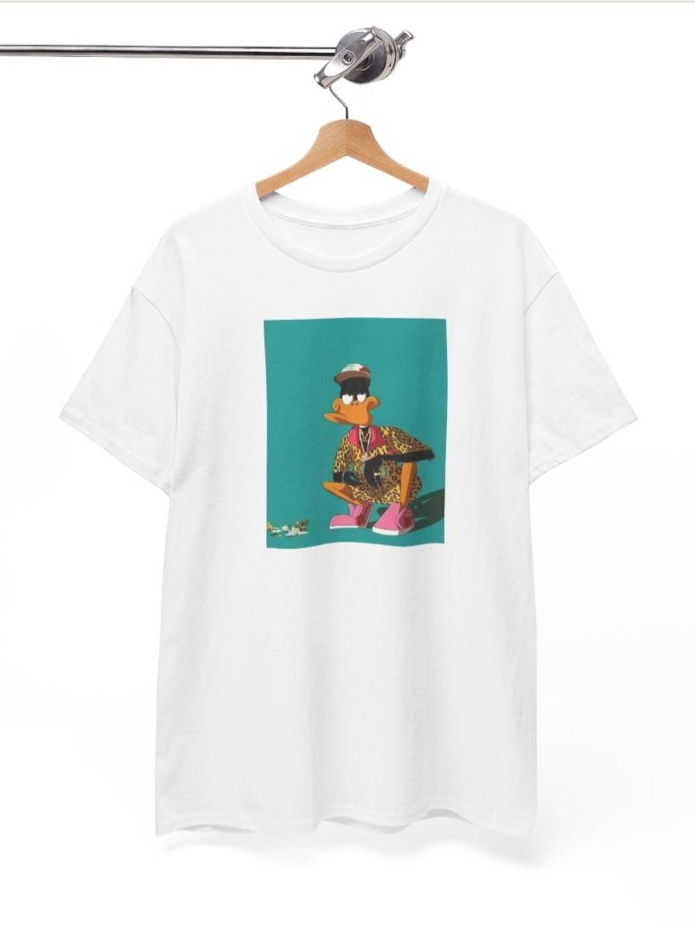 Gildan White Short Sleeve Tee with Teal Graphic and Multicolor Print